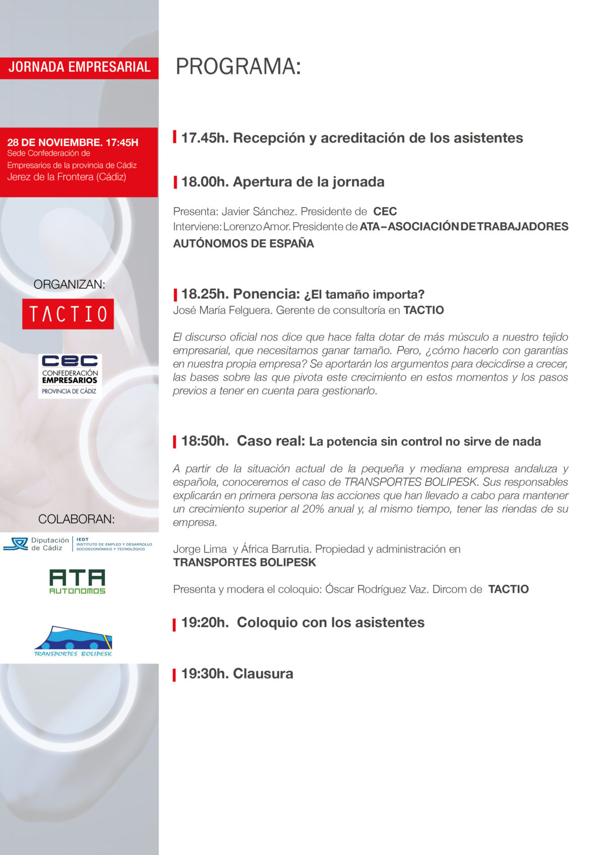 Programa Jornada Empresarial TACTIO en JErez.